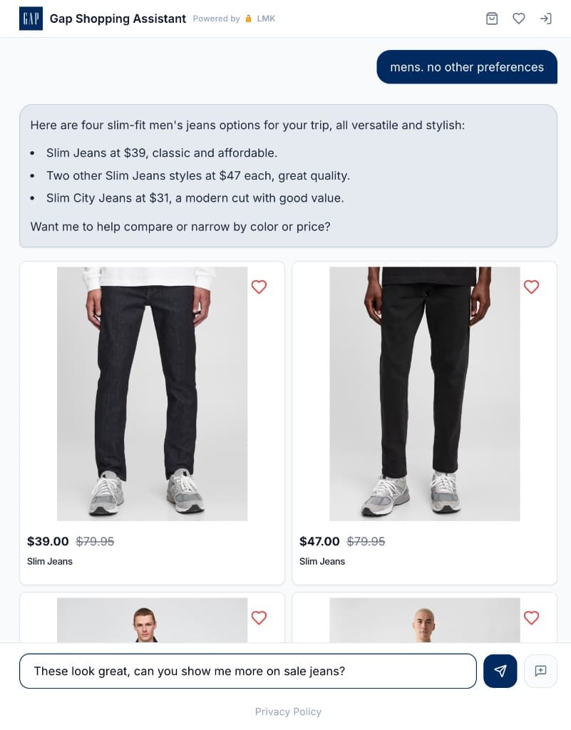 Gap Shopping Assistant chat showing AI-guided product recommendations, powered by LMK