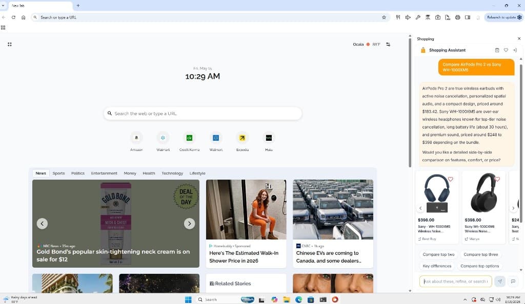 Example browser new-tab experience with an AI shopping assistant sidebar comparing products