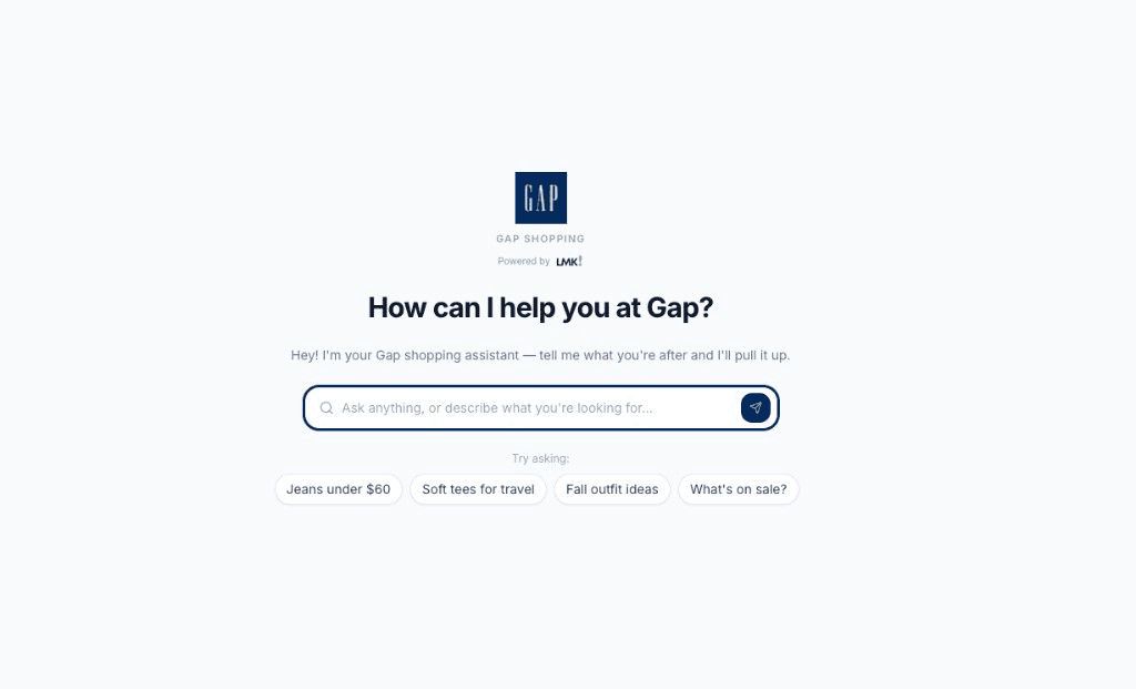Gap shopping assistant powered by LMK with suggested prompts