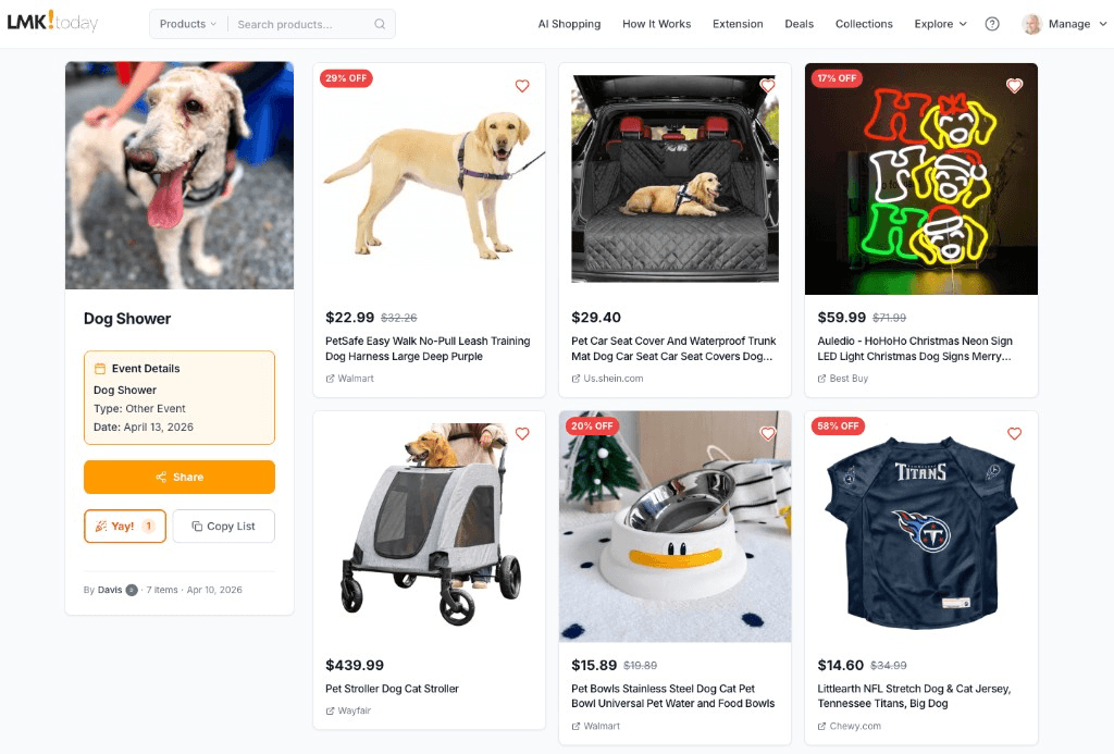 LMK.today collections UI with curated product grid and event sidebar