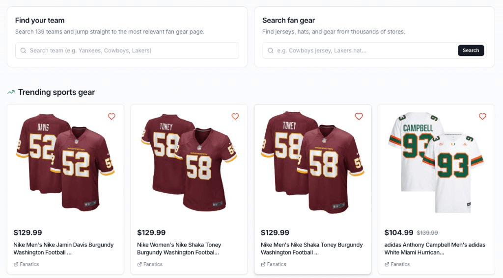 Sick Podcast commerce widget with team search and trending sports gear